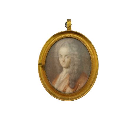 Early 18th century watercolour portrait miniature on paper, depicting a gentleman in high wig, inscribed to rear 'one of the 