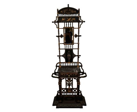 Aesthetic period cast and painted iron hall stand, with ornate pierced and moulded back over marble shelf with drawer drip tr
