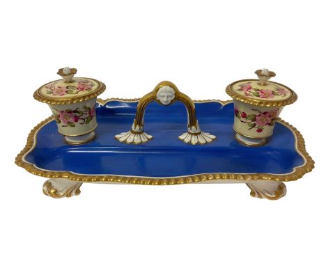 A Worcester Flight, Barr &amp; Barr blue ground inkstand, circa 1840, of scalloped rectangular form, with gilt beaded edge, t