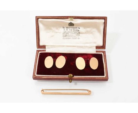 Pair of plain 9ct gold cufflinks (Birmingham 1959) in a fitted box retailed by Garrard &amp; Co Ltd, and a 9ct gold tie pin (