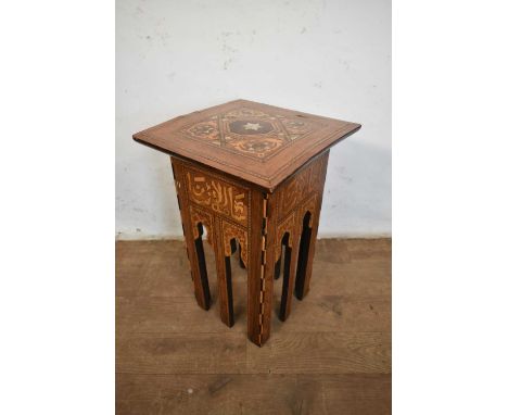 Islamic marquetry and mother of pearl inlaid occasional table 31cm wide x 31cm deep x 46cm highTop slightly bowed, otherwise 