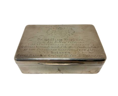 George III silver snuff box of rectangular form, with hinged cover and engraved presentation inscription, silver gilt interio