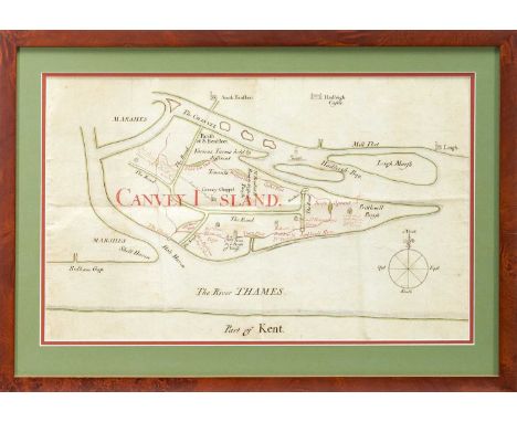 Hand drawn map of Canvey Island, late 18th century, image approximately 38 x 46cm, glazed frame
