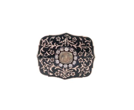 Regency diamond and black enamel gold mourning brooch, the central glazed locket containing a lock of hair, surrounded by an 