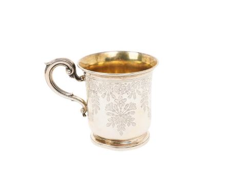 Victorian silver christening mug with flared rim, engraved foliate decoration and inscription, and scroll handle (London 1885