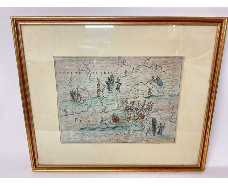Michael Drayton, allegorical map of Oxfordshire and Buckinghamshire etc, from Poly Albion 1612, handcoloured, framed and glaz