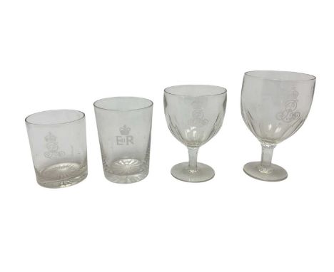 The Royal Yacht 'Victoria & Albert', two King Edward VII wine glasses and similar tumbler, finely engraved with crowned ERVII