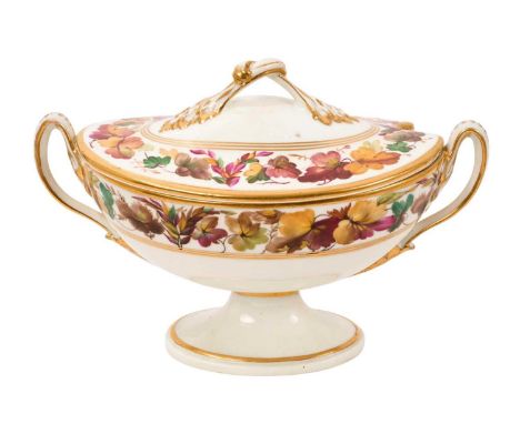 A Derby sauce tureen and cover, circa 1795, painted by George Complin with autumnal leaves, puce mark to base, 19.5cm wideIn 