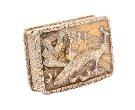 Rare George IV silver gilt vinaigrette of rectangular form, with engine turned decoration and hinged opening cover, decorated