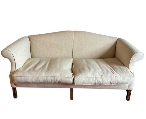 Georgian style camel back settee, on square channel carved understructure, approximately 188cm wide 
