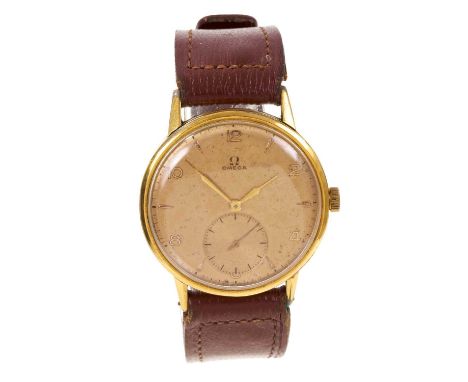 1950s Gentlemen's Omega jumbo-size wristwatch with 265 calibre manual wind movement, the circular gold dial with Arabic and d