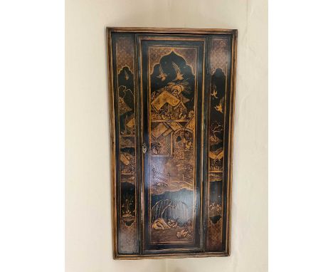 George III style japanned hanging corner cupboard, 49cm wide x 23cm deep x 93cm highShould read George III style, minor wear,