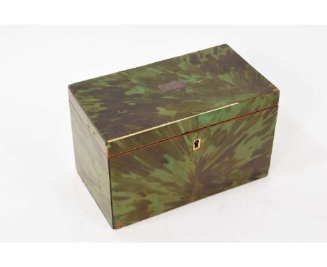 Rare George III green stained tortoiseshell tea caddy, of rectangular form, the interior with twin lidded compartments, 17cm 