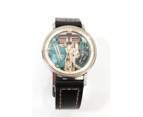 Bulova Accutron Spaceview M7 wristwatch, the clear circular dial showing the movement, 35mm diameter, in a stainless steel ca