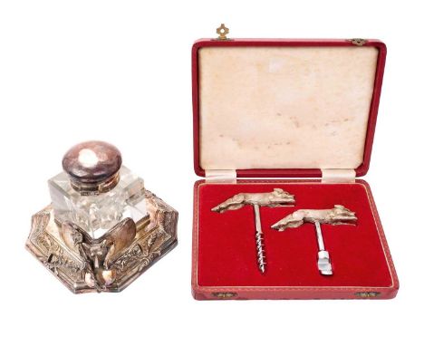 Unusual silver plated, novelty hunting themed inkwell/standish, with cut glass ink bottle (unmarked), together with a contemp