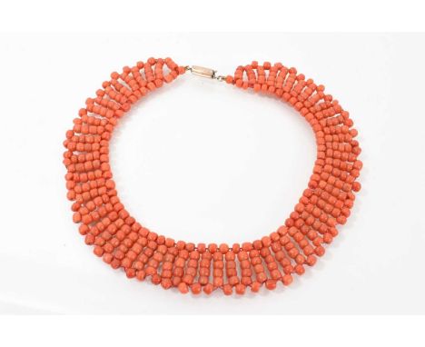 Victorian coral bead fringe necklace with a wide collar-style band of coral beads on a gold metal clasp, 34cm