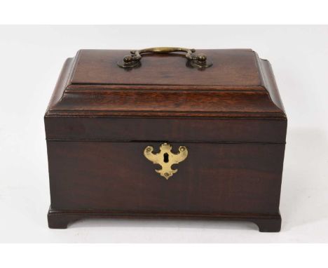 18th century mahogany tea caddy with brass escutcheon and swing handle to lid, the fitted interior with three tin canisters, 