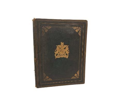 Impressive Victorian tooled leather blotter/folio case with gilt embossed Royal Arms to cover and green moiré silk lining, 40