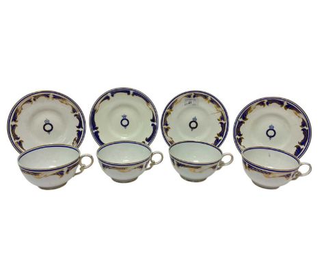 Four Edwardian Copeland Royal yacht breakfast cups and saucers decorated with crowned 'The Royal Yacht' in garter scroll (8)T