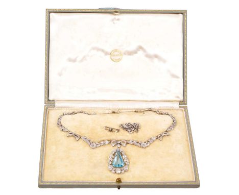 Fine Edwardian aquamarine and diamond necklace, the detachable pendant with a cut-cornered triangular aquamarine measuring ap