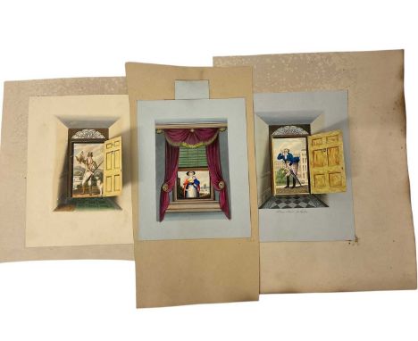 Thomas Remnant Charleton (1756-1849) watercolour, three amusing works with moving parts, two opening doors and a rising curta