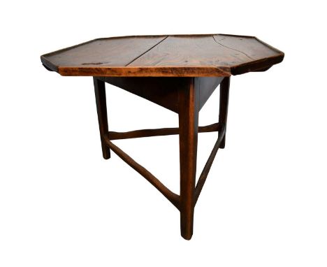 19th century rustic elm cricket table with well figured canted rectangular tray top on triangular base and stretchers, 76cm w