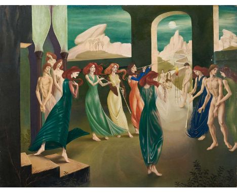 *Francis Plummer (1930-2019) oil on board - Figures and musicians in a temple with moonlit landscape beyond, 71cm x 91cm, unf