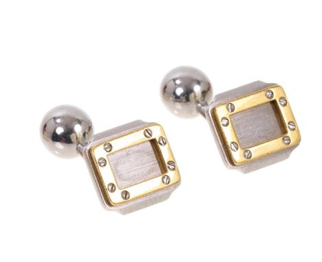 Pair Cartier 'Santos' cufflinks, the polished stainless steel panels with gold bezel and steel screws, boxed.