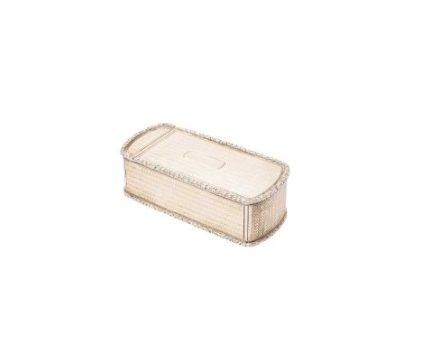 William IV silver snuff box of shaped rectangular form, with engine turned decoration, hinged cover with vacant cartouche and