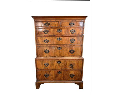 George I / II and later walnut chest on chest, of diminutive size. with an arrangement of two short over five long drawers, o