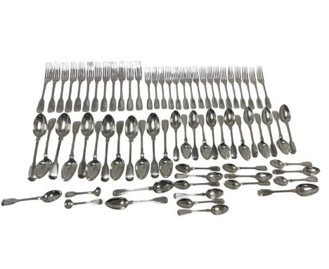 Composite canteen of Victorian silver Fiddle and Thread pattern flatware, some with engraved crests, comprising 12 dinner for