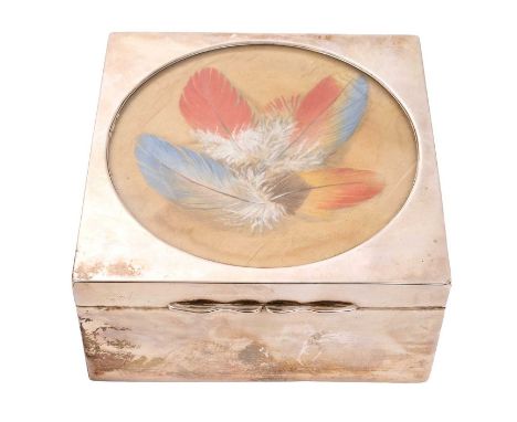 Edwardian silver cigarette box of square form, with hinged cover, inset with Trompe l'oeil painting of coloured feathers (Bir