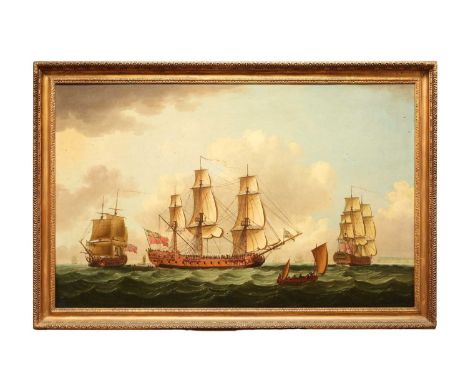 John Clevely (c.1712-1777) oil on canvas - An East Indiaman in Three Positions, signed and dated 1770, 92cm x 145cm, in gilt 