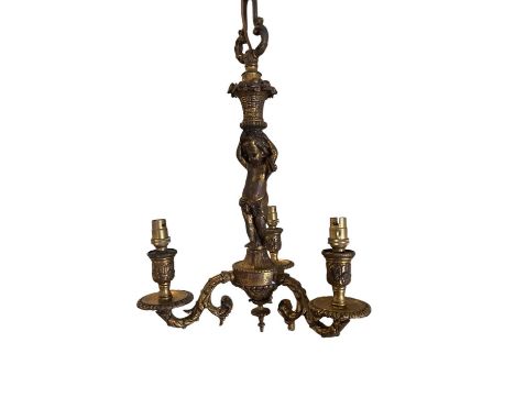 Gilt metal three light chandelier, with cupid form column, 66cm drop, approximately 28cm diameter