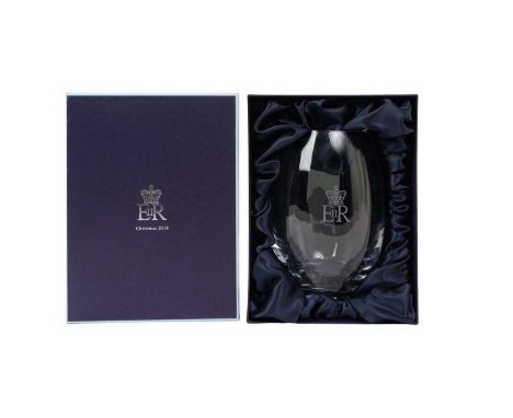 H.M. Queen Elizabeth II, Royal Household 2018 Christmas gift glass vase with etched crowned ERII cypher in box with card