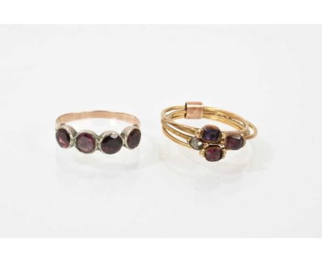 George III garnet ring with four garnets in foiled closed-back setting on gold shank, ring size K, together with an antique d