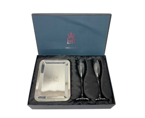 H.M. Queen Elizabeth II 2007 Royal Household Christmas present of pair Champagne flutes and silver plated tray, all etched wi