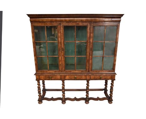 William &amp; Mary revival walnut display cabinet with inlaid seaweed marquetry decoration, with cushion cornice and enclosed