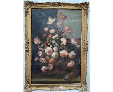 Continental School, 18th century, oil on canvas - Still Life Summer Flowers, 94cm x 63cm, in gilt frame