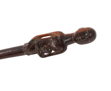 Antique carved Tsonga Nguni figural maternity staff, the mother figure and child with inset bead eyes, total length 90cm