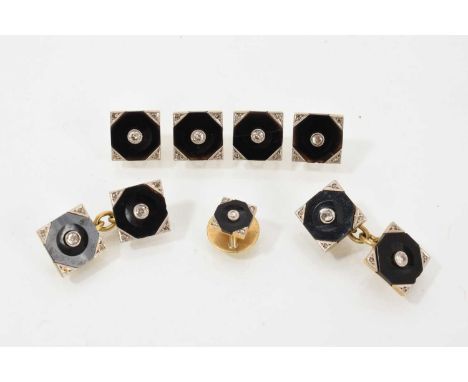 Set of Art Deco diamond and black onyx cufflinks and studs, each with a square panel centred with an old cut diamond on black
