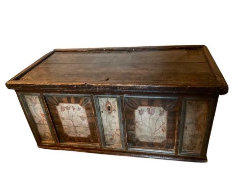 19th century Continental painted marriage chest, with five panel front, 119cm wide x 62cm deep x 56cm high