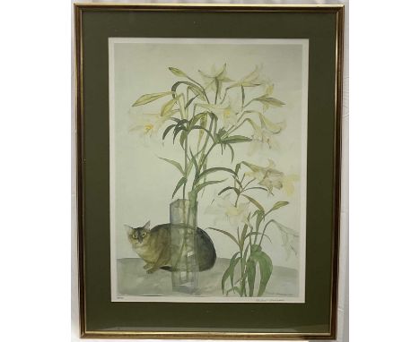 Elizabeth Blackadder (1931-2021) lithograph - Abyssinian Cat and Lilies, signed and numbered 138/350, 67cm x 48cm, glazed fra