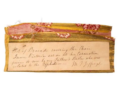 The Coronation of H.M. Queen Victoria, June 1838, very fine piece of gold bullion and silk embroidered brocade decorated with