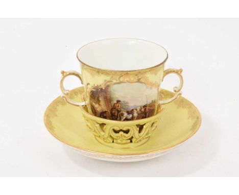 A Meissen yellow ground chocolate cup and saucer, 19th/20th century, painted with figural scenes, crossed swords marks, the s