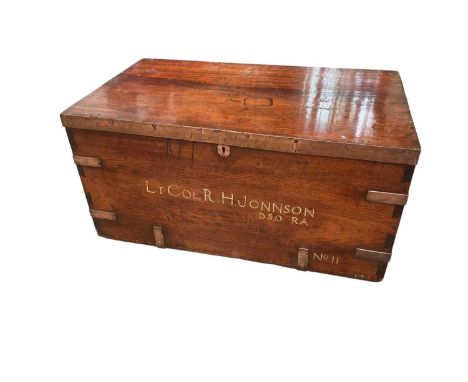 19th century brass bound teak campaign trunk, with flaking carrying handles, possibly later inscribed to front 'Lt. Colonel R