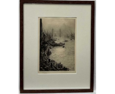 William Lionel Wyllie (1851-1931) signed etching - Down Stream from London Bridge, 18 x 27cm, original label verso, glazed fr