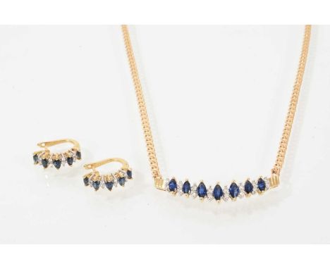 Sapphire and diamond necklace and matching earrings with marquise cut blue sapphires interspaced by brilliant cut diamonds, i