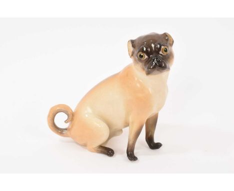 A 19th century Meissen porcelain model of a pug, crossed swords and incised mark to base, 13.5cm highThere is some profession