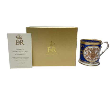 H.M. Queen Elizabeth II, Royal Household 2013 Christmas gift Royal porcelain mug decorated with Royal Arms in box with card